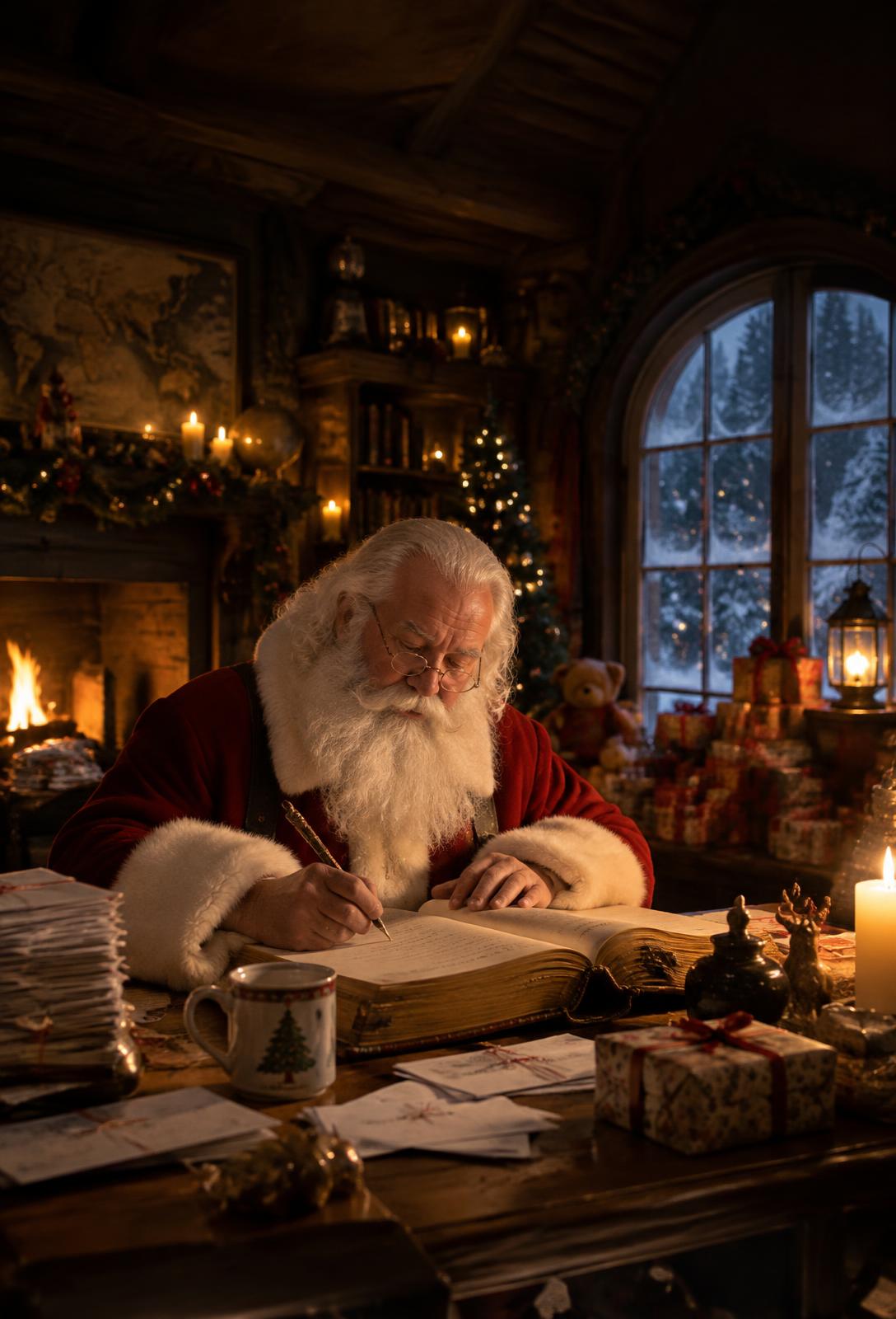 Papai Noel escrevendo no livro mágico em sua oficina no Polo Norte